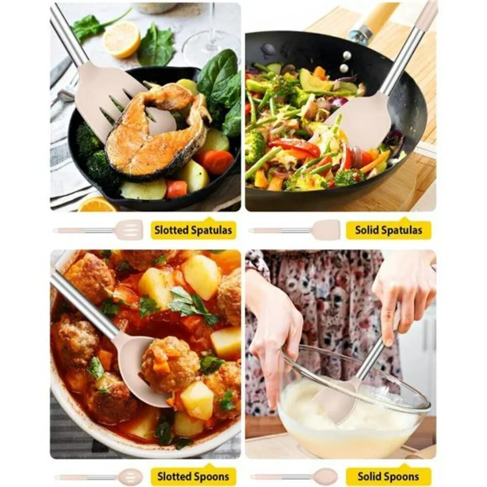 Silicone Cooking Utensils Set Heat Resistant Spatulas Slotted Spoons for Kitchen